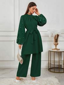 女式仿珍珠领系腰带长袖上衣和裤子阿拉伯风格服装、教师服装、商务休闲装、返校服装