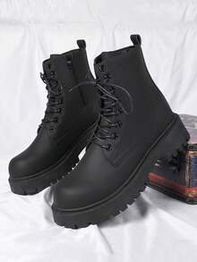 男士新款黑色英伦摩托车靴/工装靴/高帮软皮防水休闲皮靴 - 黑色 - 查看 2