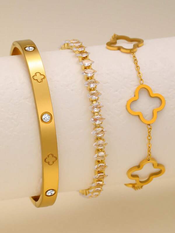 3 Stücke Edelstahl Zirkonia Kleeblatt Armband Schmuckset, 18K Goldplattierter Edelstahl Glücksklee Armband & Armreif, Mikro-eingelegt mit Zirkonia, geeignet für Frauen Partys, Alltag, europäischer und amerikanischer Stil, personalisiert, großzügig, Hochzeitsschmuckset, Geschenk für Mädchen, Frauen, Verwandte, Freunde, schöne Hochzeit, Geburtstag, Valentinstag, Muttertag