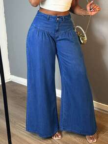 Women's Loose Front Button Wide Leg Washed Lightweight Denim Pants Suitable For Daily Versatile Outings - Rửa tối - Xem 4