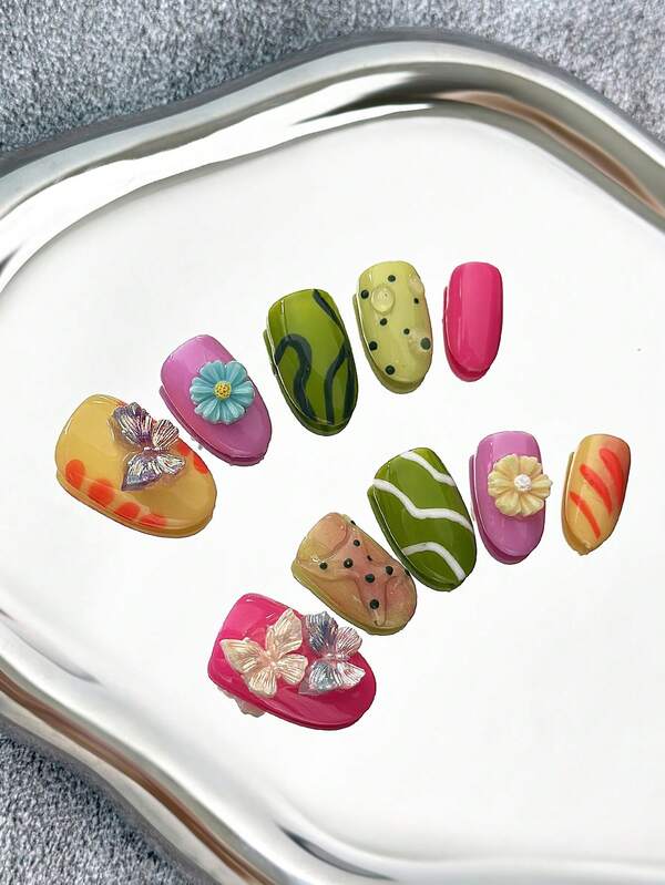 Oval Handmade Press-On Nails With Butterfly & Floral Charms, Ombre Hand-Painted Y2K Artistic Patterns & 3D Color-Blocking Designs - Full Cover DIY Glitter Artificial False Nails For Dating, Parties, Raves, Outings, Events & Festive Occasions - 10 Pieces/Bag