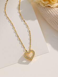 1 件不锈钢方晶锆石密镶心形吊坠项链，时尚简约，男女通用，适合休闲、日常、节日、派对穿着 - 金色 - 查看 6
