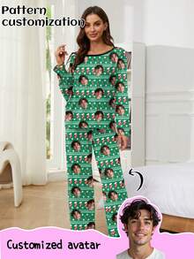 Printstory Customized Women's Pajama Set, Personalized With Any Pattern, Unique Custom Gift, Suitable For Family And Friends, Christmas - Green - View 1