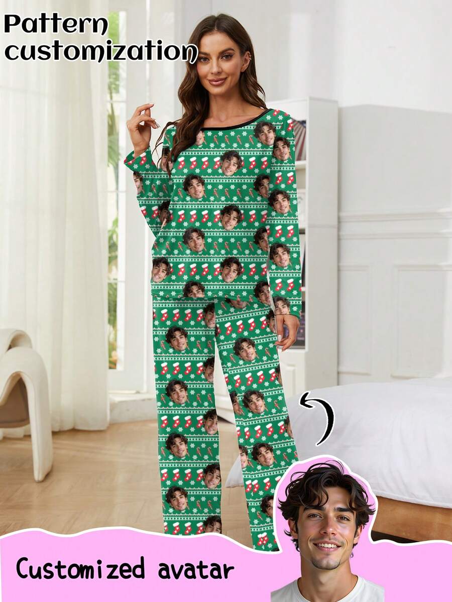 Printstory Customized Women's Pajama Set, Personalized With Any Pattern, Unique Custom Gift, Suitable For Family And Friends, Christmas - Green - View 1