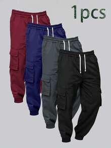 Pantalones cargo casuales para hombre, pantalones de senderismo ajustados con cordón, otoño/invierno - Negro - Ver 1