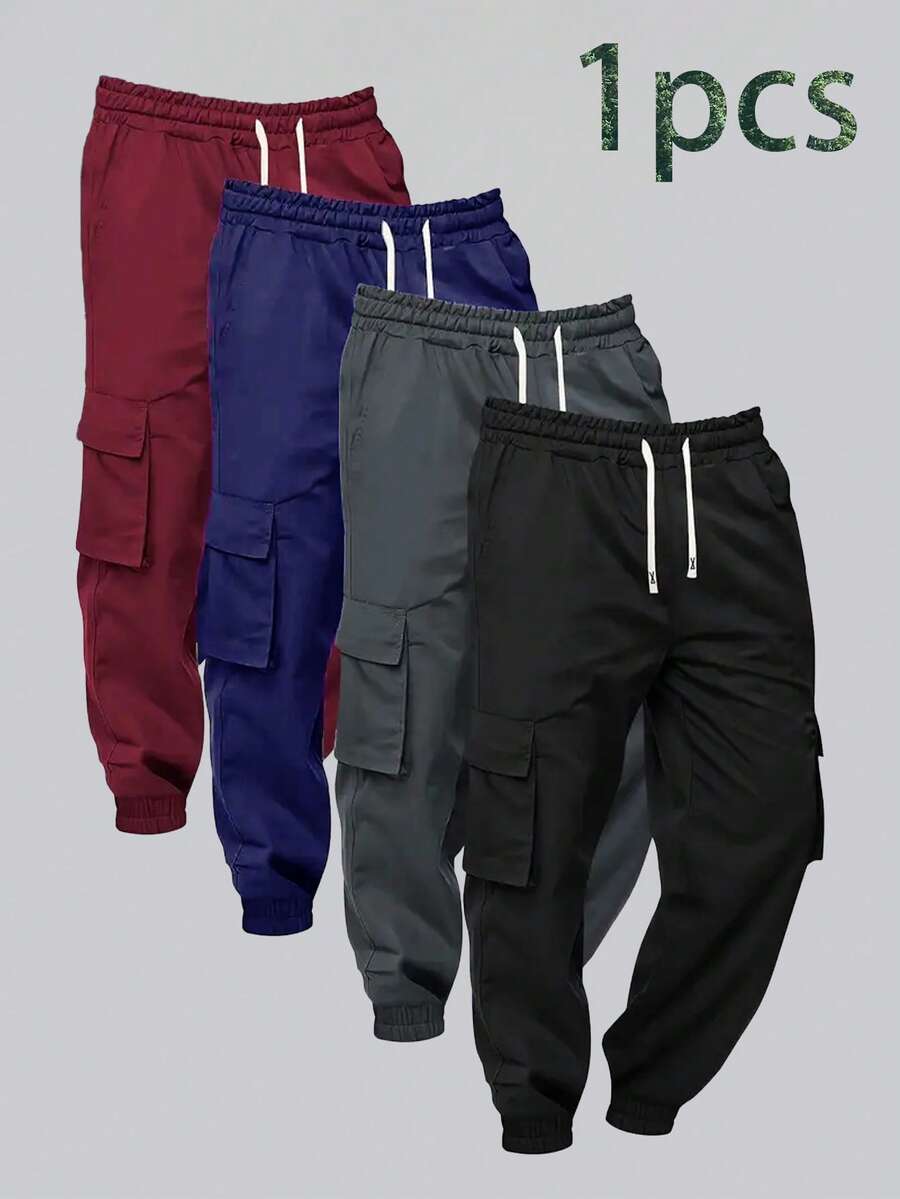 Pantalones cargo casuales para hombre, pantalones de senderismo ajustados con cordón, otoño/invierno - Negro - Ver 1