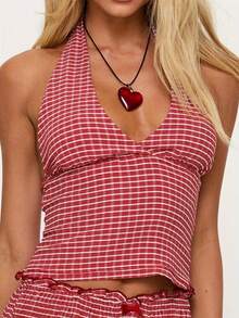 Women's Halter Neck Vest Summer Sleeveless Open Back  Plaid Party Tank Tops - 紅色 - 查看 1