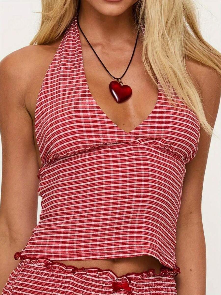 Women's Halter Neck Vest Summer Sleeveless Open Back  Plaid Party Tank Tops - 紅色 - 查看 1