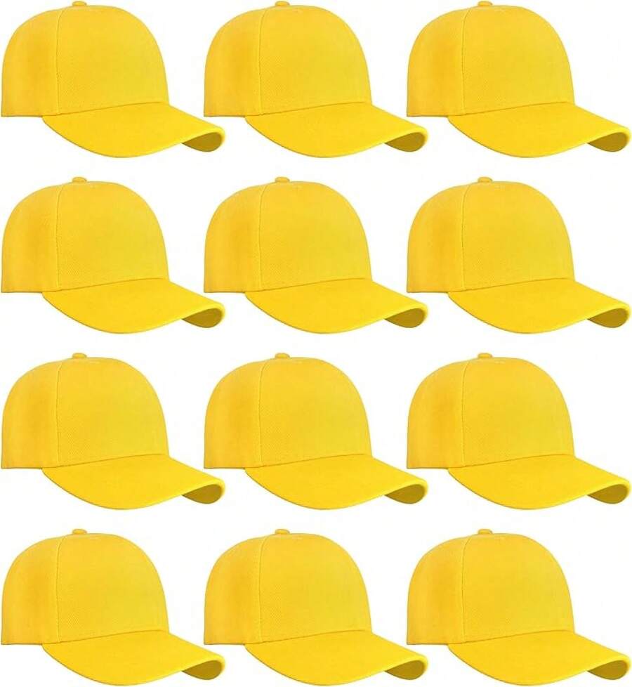Bulk Lot 12-Pack Adjustable Size Plain Blank Solid Color Baseball Caps - Yellow - View 1