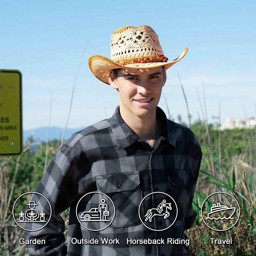 Breezy Summer Style ✨Lightweight & Breathable | Chic Woven Patterns | UV-Shading Wide Brim,Sweat-Proof Inner Band + Statement Hat Band For Comfort & Flair!Perfect For Casual Wear Or Costume Looks-Add Effortless Charm! - 布朗2 - 查看 1