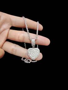 1 mặt dây chuyền hình trái tim Cubic Zirconia & dây chuyền xích 9mm, dây chuyền mặt dây chuyền phong cách Hip Hop dành cho nữ, dây chuyền mặt dây chuyền hình trái tim cổ điển thời trang, thích hợp để đeo hàng ngày hoặc dự tiệc, quà tặng ngày lễ tình nhân - Bạc - Xem 10