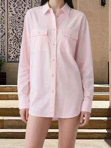 Womens Button Down Shirts Long Sleeve Casual Blouses Lapel Collar Tops With Pockets - Pink - View 2