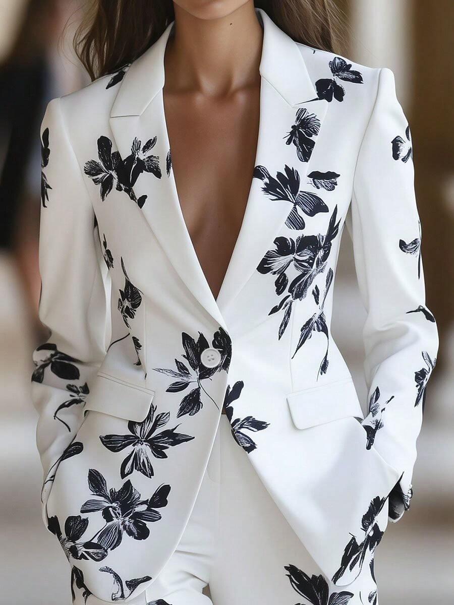 High Quality Women Blazer Elegant Fashion Casual Floral Print Long Sleeve Single Button Double Pocket Suit Jacket, Suitable For All Season - 白色 - 查看 1