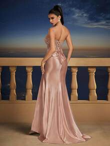 全新性感露肩高开叉美人鱼晚礼服伴娘礼服 - 粉色 - 查看 4