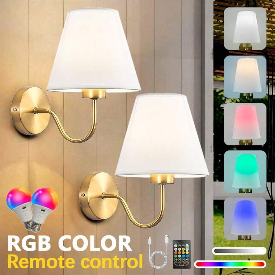 现代 LED 布艺壁灯 | RGB 充电灯泡 | 遥控可调光氛围灯 | 黑色/金色 | 适用于酒店、客厅、卧室、床头柜、餐厅 - 多色 - 查看 1