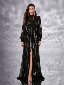 YISIKADO Women Elegant Dress Sequin Contrast Chiffon Glittery Dress High Neck High-Waisted Lantern Sleeve Birthday Party Wedding Guest Banquet Dinner Graduation Dinner Ceremony Celebration Ceremonial Dress - 彩色 - 查看 4