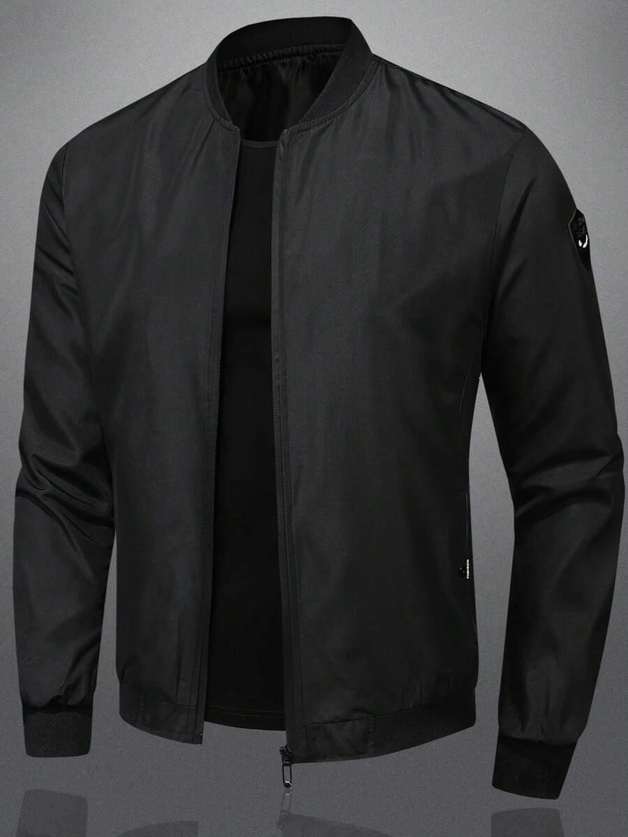 Men's Stand Collar Zip-Up Baseball Jacket - Black - View 1