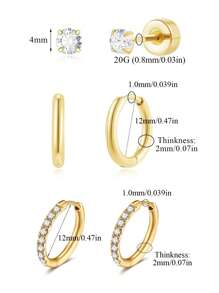 3 对防过敏不锈钢耳环套装，适合多个耳孔，精致的 14K 镀金女式环形耳钉，时尚可爱的小环形和耳钉耳环堆叠，适合敏感耳朵