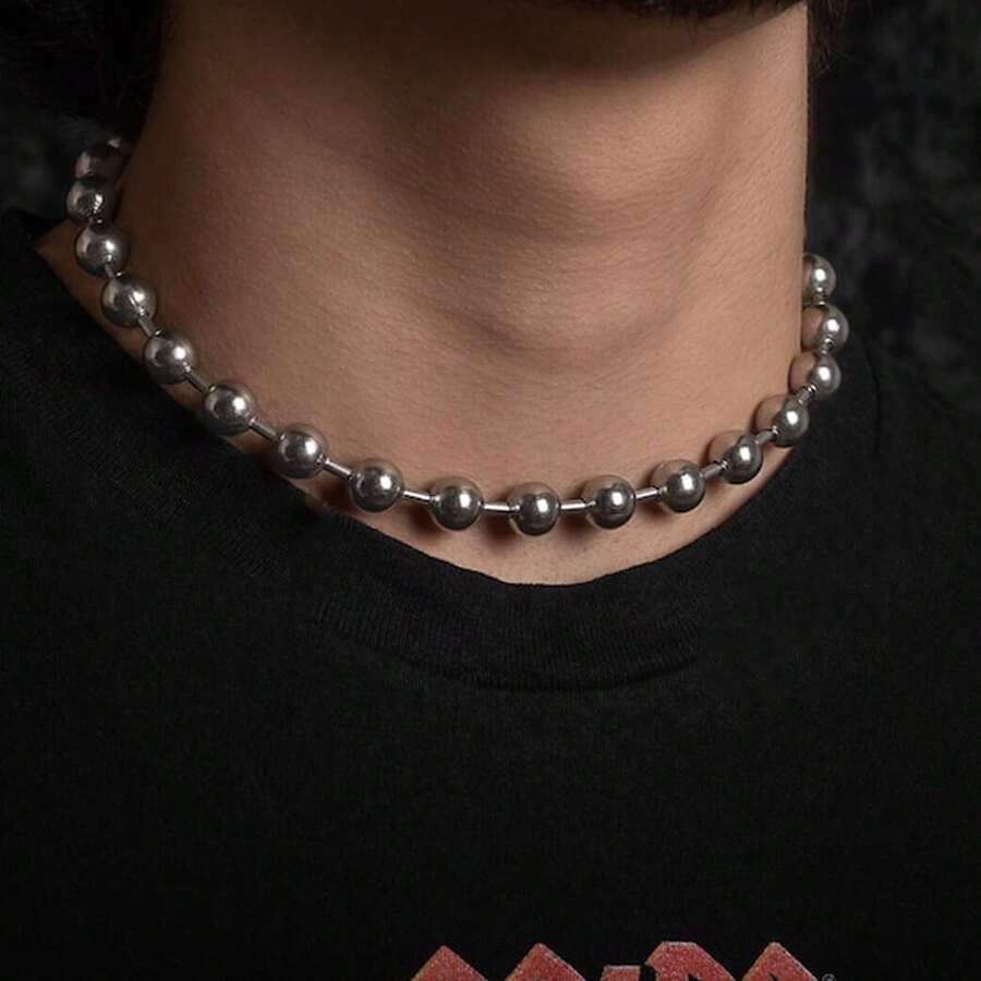 1pc Men's INS Circle Beaded Chain Necklace, Minimalist Necklace For Stylish Young Men - Silver - View 1