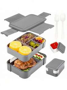 1pc 1550ml Lunch Box, Large Capacity Bento Box With 7 Compartments (Double-Layer Design), Lunch Food Container With Cutlery, Sauce Jar, Microwave & Dishwasher Friendly, Suitable For Adult Men And Women, School, Camping, Food Storage, Restaurants, Back To School Gifts, Kitchen, Christmas Gifts - Multicolor - View 1
