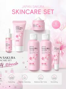 1套6件裝 明亮膚色LAIKOU日本櫻花護膚套裝，深層滋養護膚禮盒 面部精華液17ml+眼霜15g+爽膚水100ml+乳液100ml+潔面乳50g+面霜25g 女性抗衰老護膚品，適用於母親、妻子、姐妹、少女、女友，SPA婚禮禮品 - 粉色 - 查看 7