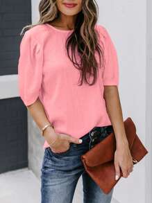 Women's Solid Short Sleeve Blouse Summer Crew Neck Casual Tops Fashion Puffed Sleeve Shirt