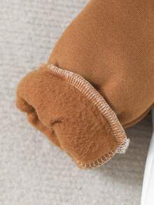 男婴针织毛绒罗纹长袖连体衣，拼接棒球熊图案，休闲可爱保暖连体衣，秋冬季 - 棕色 - 查看 3