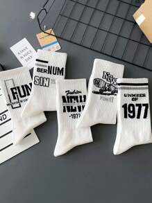 1/5 Pairs Of Men's Mid-Calf Socks With Street Fashion Letter Prints And Hip-Hop Sporty Style, Fall Socks