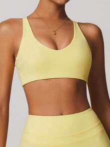 ATTRACO Women's Sports Bra, Deep V-Neck, Criss-Cross Open Back Design, Suitable For Outdoor Sports, Casual Running, Fitness, Pilates And Other Activities Spring - Yellow - View 6