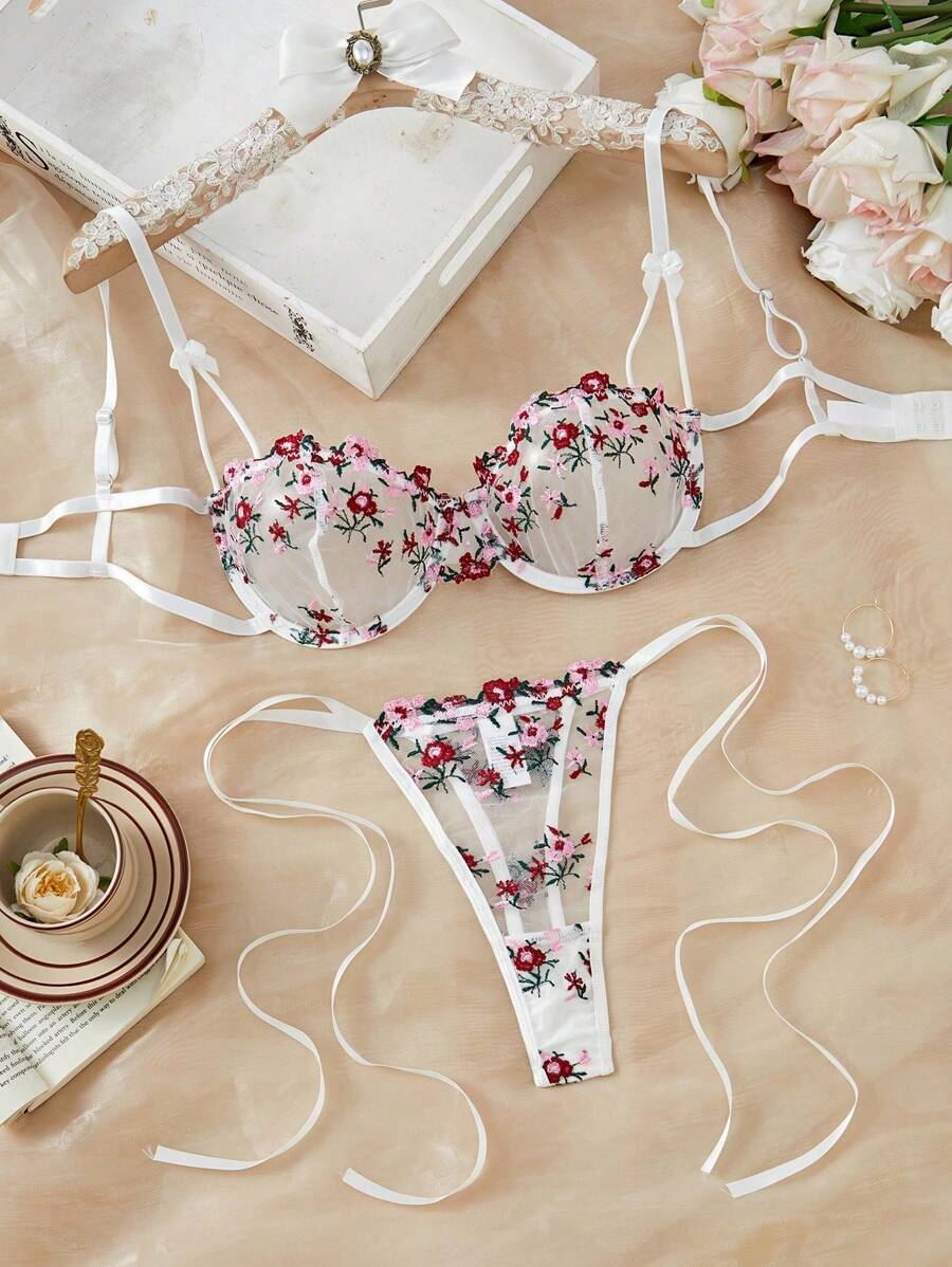 Women's Sexy Floral Embroidered Mesh Lingerie Set, Rave - White - View 1
