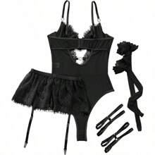 Sexy Stocking Heart Rhinestones Underwire Babydoll Lace Mesh Garter