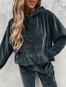 女士天鹅绒连帽口袋运动衫和抽绳踝裤套装，休闲秋冬 - 霧霾藍 - 查看 3