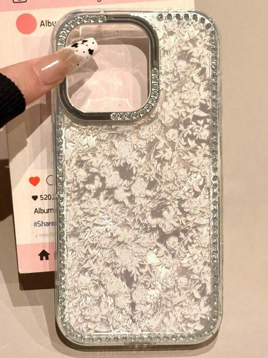 Full Screen White Flower Floral Glitter Glacier Pattern Phone Case Compatible With IPhone 16 15 14 13 Pro Max Creative Rhinestone Border Shockproof Anti Drop Protective Cover - White Florals - View 1