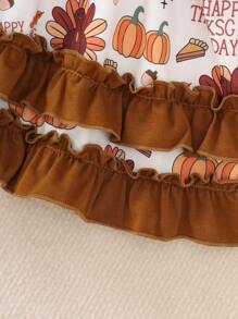 Thanksgiving Girls Autumn/Winter New Long Sleeve Round Neck Letter Cute Turkey Random Full Print Trumpet Sleeve Hemp Double Layer Lace Lady Dress