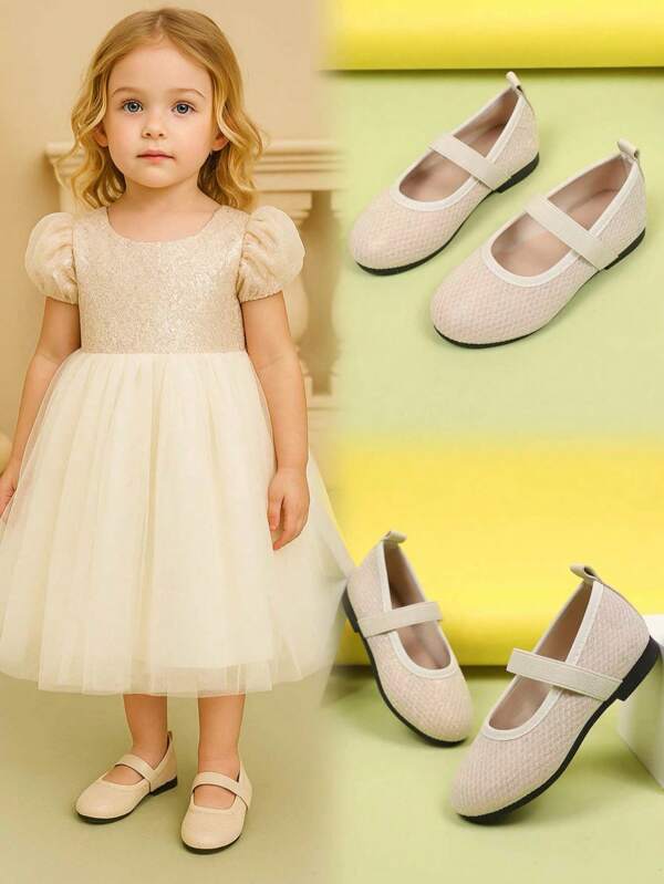 1 Pair Toddler Girls' Ivory Plus Size Flat Shoes, Solid Color Fabric, Strap Elastic Design, Round Toe, Soft TPR Anti-Slip Outsole, Fashion Princess Shoes Suitable For 1-12 Years Old Girls, Daily, Party, Travel, Back To School