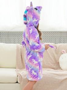 Tween Girl Bright Purple Unicorn Cute Hooded Robe - Multicolor - View 8