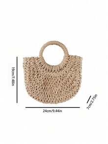 手工编织草编新月形沙滩手提包，大容量女士夏季镂空斜挎单肩包，夏季新月形草编包，女士手工便携手提包，大容量沙滩包，篮式编织顶部提手包，手提包 - 卡其色 - 查看 4
