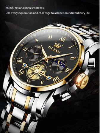 OLEVS. Reloj de hombre OLEVS de estilo Tourbillon, reloj de cuarzo original de moda, resistente al agua 3 Bar, reloj deportivo con fase lunar, luz nocturna y cronógrafo, regalo para hombres