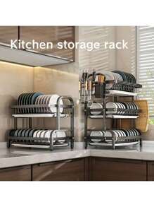 高品质三层碳钢碗碟晾干架，大容量厨房用具收纳架，干湿分离，防锈碗碟架，带餐具架、砧板架、碗架、杯架和排水管