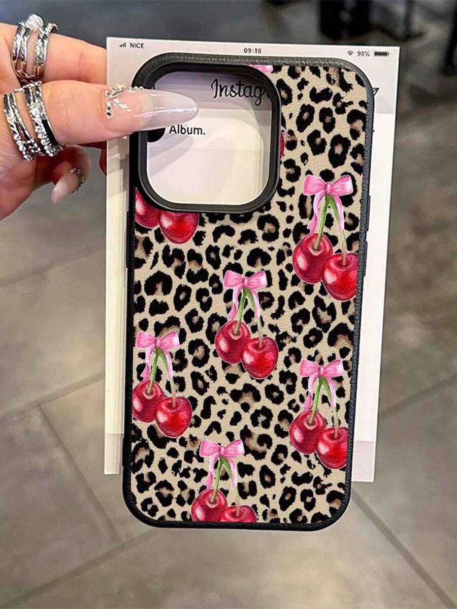 1pc Cute Vintage Leopard Print, Cherry Heart Pattern, Litchi Texture Anti-Drop Anti-Slip Soft Phone Case, Compatible With Apple And Phones Waterproof Shockproof Scratch Resistant - Multicolor - View 1
