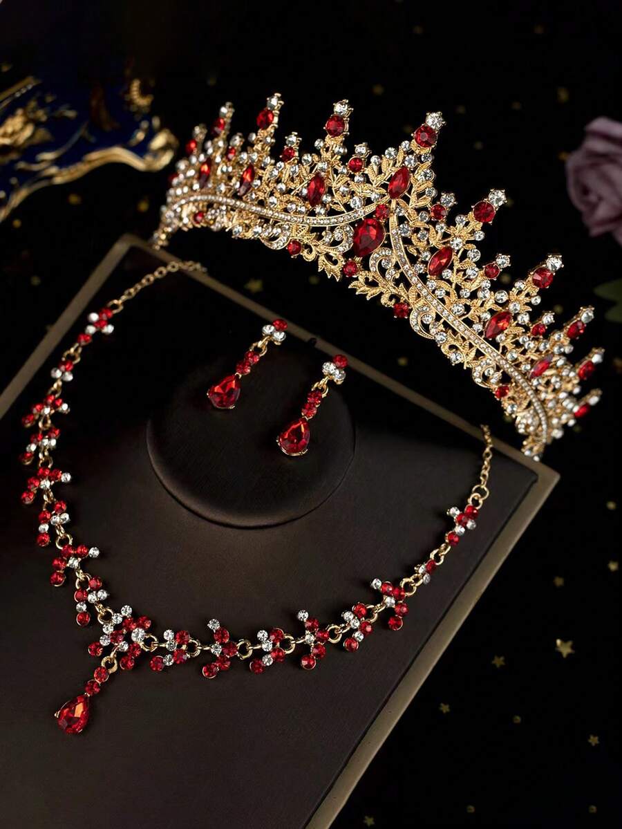 1 Bộ phụ kiện cô dâu gồm vương miện đính đá đỏ, vòng cổ, bông tai, bộ trang sức cưới 4 món, phù hợp với váy cưới, đầm dạ hội, tiệc tùng, phụ kiện ngày Valentine.