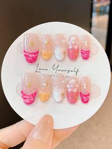 10Pcs/Set Summer Kawaii Short Round Press On Nails - Japanese Sweet Style Square Shape With Shell Accents, Beach Holiday Design, Internet Celebrity Viral Fake Nails For Back To School & July Nail Art Nail Supplies Nails - Multicolor - View 2