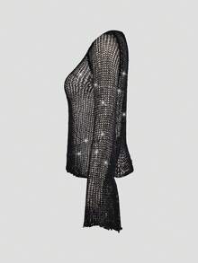 Yuwenier Sexy Sheer Mesh Sequin Crochet Batwing Long Sleeve Loose Cover Up, Carnival Party - Black - View 7