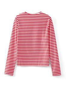 Women Y2K Striped Knit T Shirt Contrast ColorRound Neck Long Sleeve Slim Fit Ribbed Knitted Tee Shirts Pullover Tops Fall Spring Basic Layering Shirts Going Out Tops Casual Streetwear - Đỏ - Xem 7