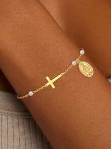 1pc Virgin Mary Cross Chain Bracelet For Women, Stainless Steel 14k Gold Plated Cross Imitation Pearls Gold Beads Charm Chain Bracelet, Christian Gift, Trust Gift, Cross Gift, Friendship Gift