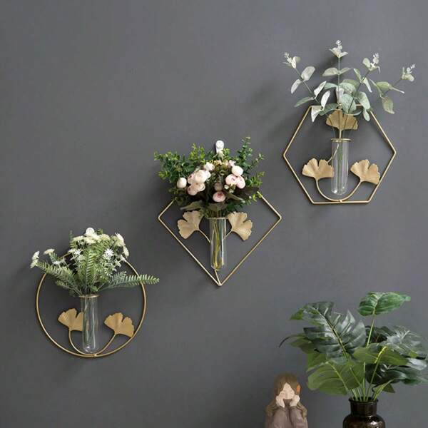 1pc Gold Iron Flower Vase, Creative Ginkgo Flower Decor Vase, Nordic Wall Hanging Vase, Geometric Gold Flower Vase, Metal Glass Flower Vase, Hydroponics Flower Vase Decor Centerpiece For Farmhouse, Wedding