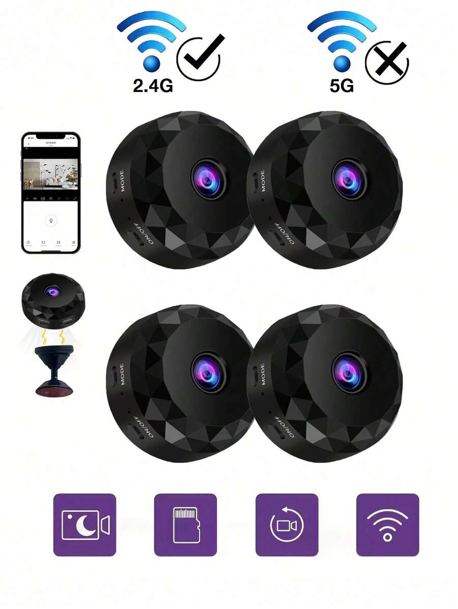 GENAI 1/2/4pcs Mini Spy Camera, 2.4G Wireless WiFi Hidden Camera 720P Full HD, Hidden Cameras With Motion Detection, Security Nanny Camera For Home/Office - Multicolor - View 1