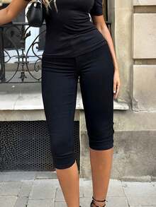 Blazique Yuwenier 街头时尚弹力高腰紧身七分裤拉链斜口袋修身打底裤黑色七分裤女士日常穿着 - 黑色 - 查看 3