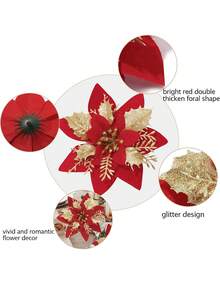10pcs Shiny Flower Petals Decor, Artificial Poinsettia Flower Wreath, Christmas Tree Decoration, Suitable For Christmas, New Year, Wedding, Party - Multicolor - View 4