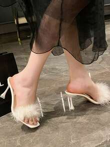 女士毛茸茸细高跟露趾凉鞋，春夏新品 - 白色 - 查看 4